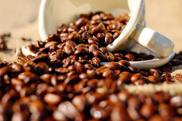 A cup of coffee beans on the ground